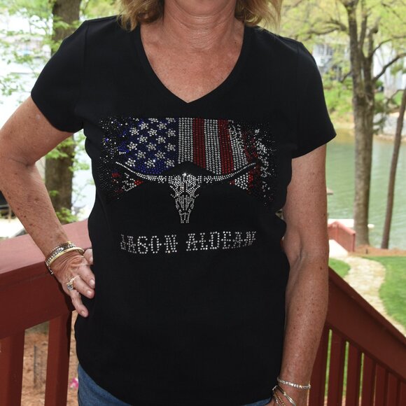 Jason Aldean Rhinestone  bling black short sleeved Vneck shirt  XS,S,M,L,XL,XX… - Picture 2 of 9